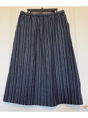 Vtg Personal Navy Wool Vertical Striped Skirt Sz 12 Pockets Retro MIdi Academia